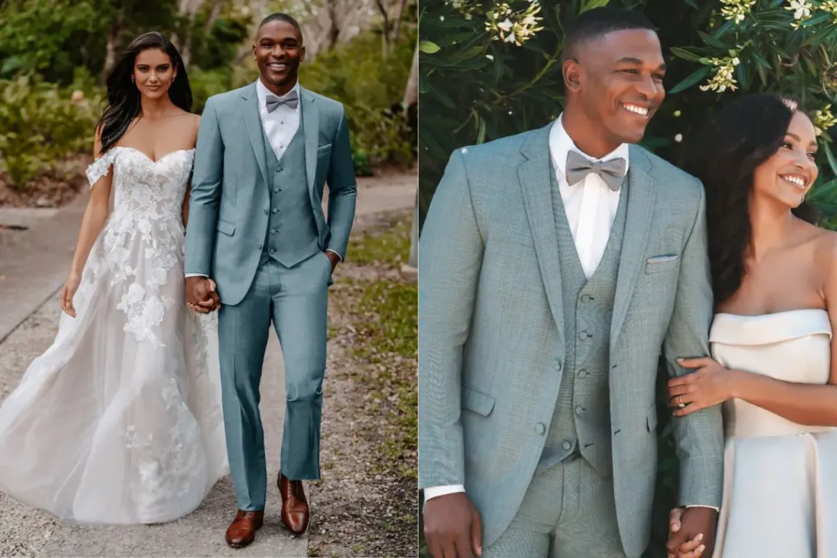 Traje Cerimonial Sea Glass usado por noivo em casamento ao ar livre.