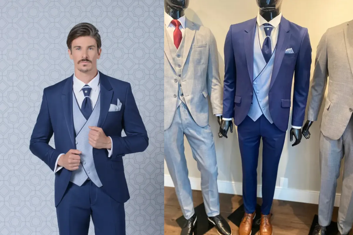 Traje Madrid azul-marinho com colete cinza-claro, camisa branca e gravata azul.