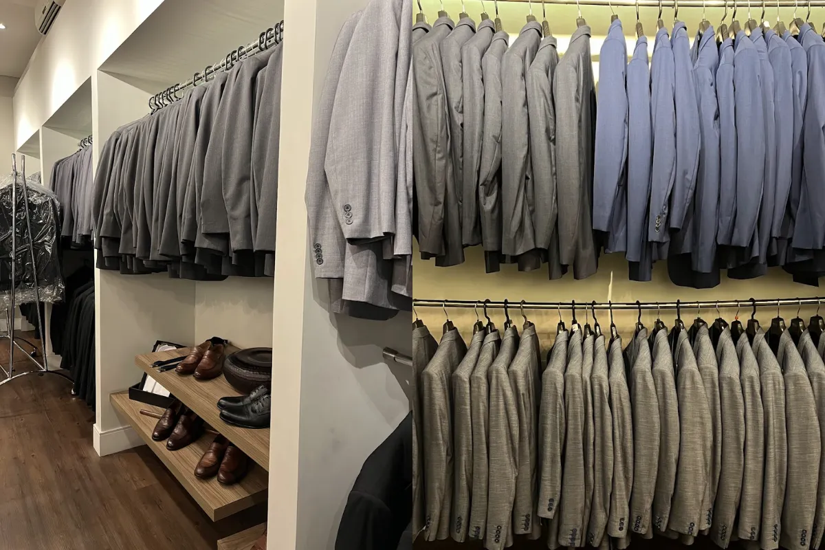 Aluguel de blazer com modelos masculinos em tons de cinza e azul expostos em loja